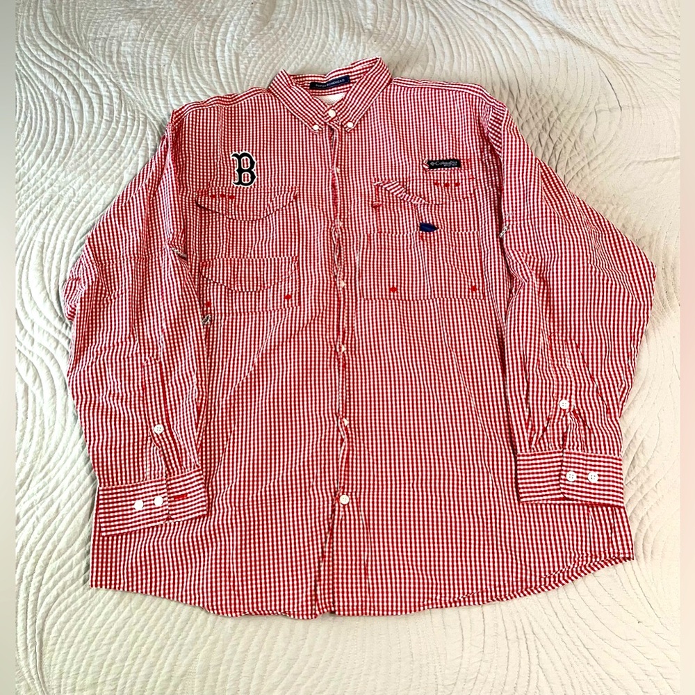 Boston Red Sox Columbia Super Bonehead Red White Gingham Shirt Men’s Sz Large